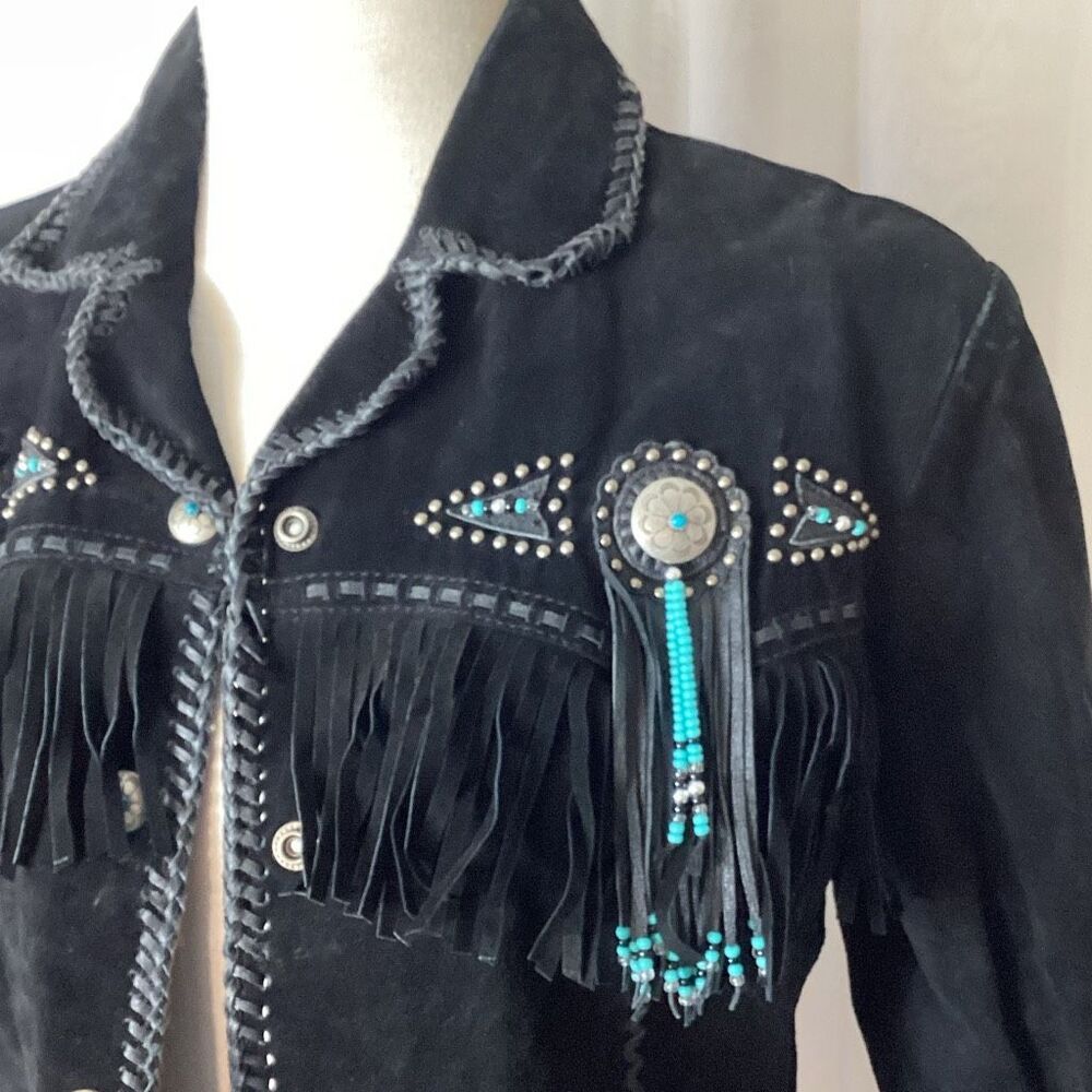 Scully Black Suede Leather Western Jacket Beaded Fringe Women’s Medium - Picture 4 of 14